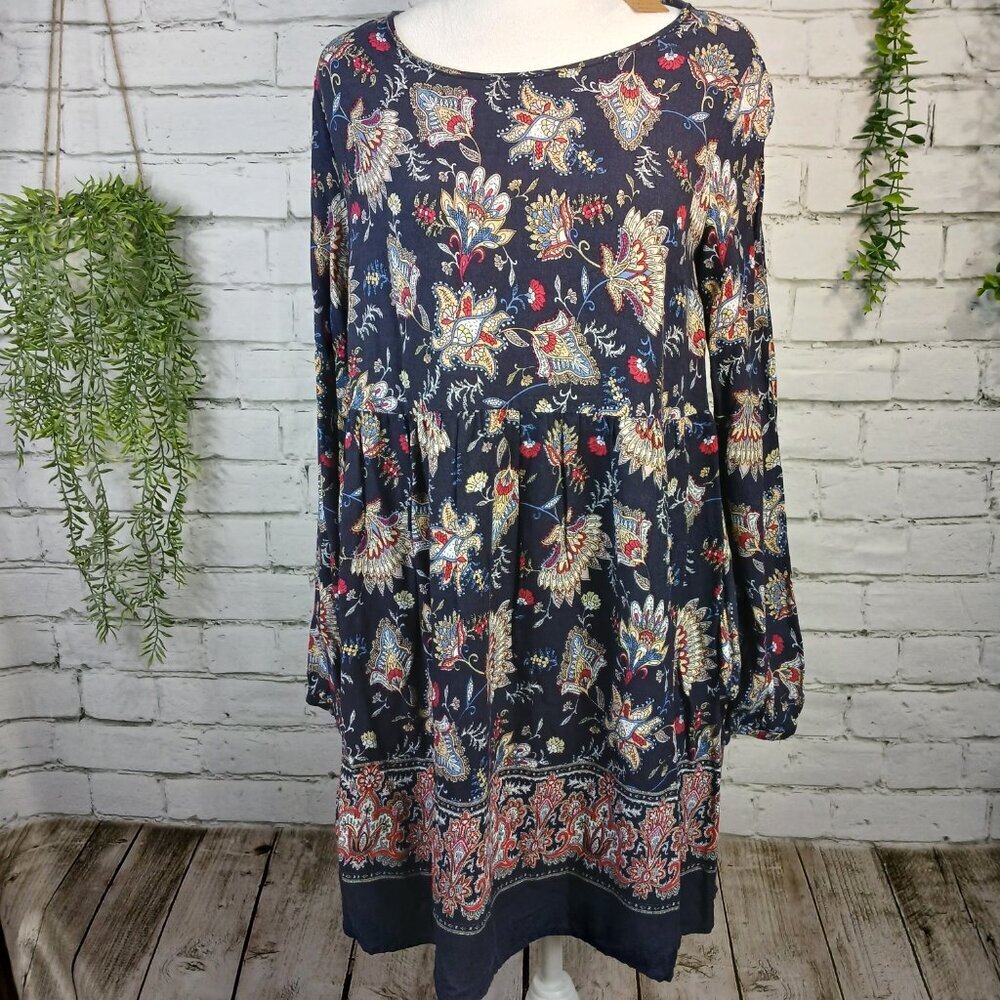 WOMENS CALIFORNIA MOONRISE TUNIC DRESS, NAVY WITH FLORAL DESIGN, SIZE MED, BOHO